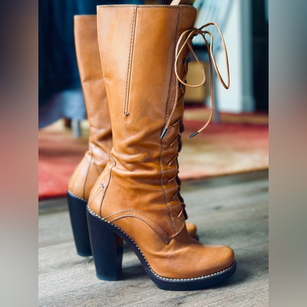 Costume National Vintage Tan Brown Leather Knee-High lace up high heel Boots